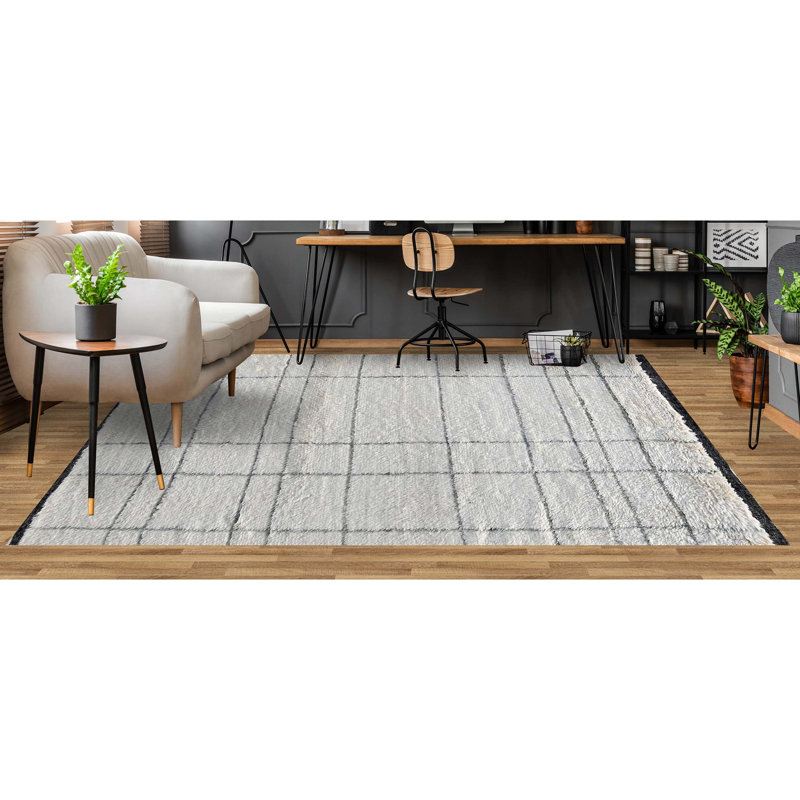 Tapis en laine noué à la main en gris / bleu / noir, Rectangle 6 pi x 9 pi