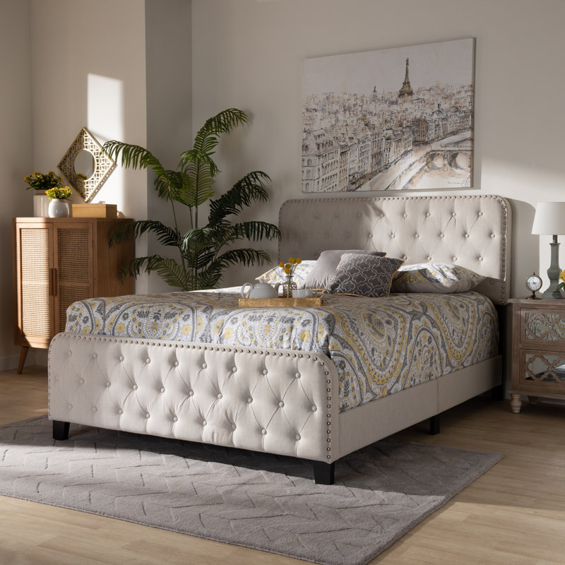 Lit tapissier standard capitonné Kailly, Beige, Très grand