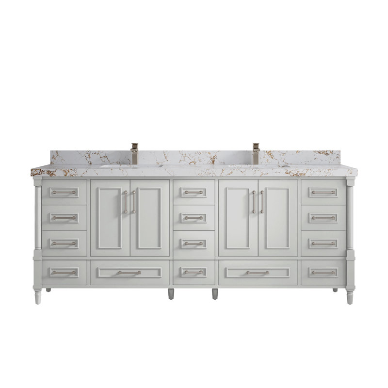 Aberdeen 84'' Double Bathroom Vanity with Quartz Top, Viola Gold Quartz, Coventry Gray