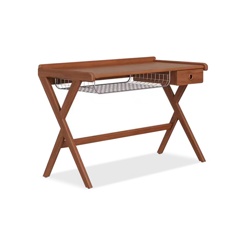 Solid Wood Desk: X - Frame & Metal Mesh Storage