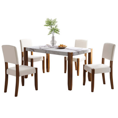 5-Piece Modern Dining Furniture Set, 4-Person Space-Saving Dinette for Kitchen, 46"" Faux Marble Style Table and 4 Upholstered Chairs with Solid Rubber -  Latitude Run®, 8774B3415D6A472FB5DEF7B9F35A6278