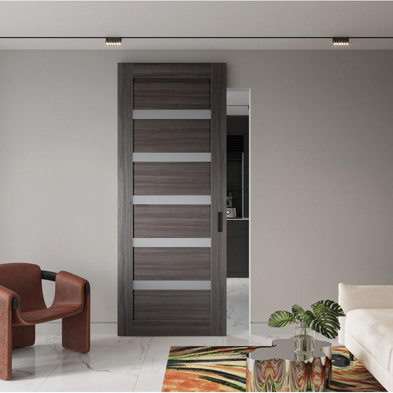Porte de grange coulissante avec panneau de base et panneau de base Leora, 34 po x 82 po, Chêne gris