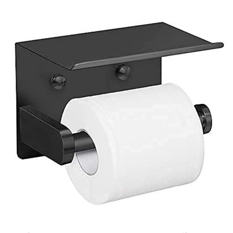Porte-papier hygiénique auto-adhésif avec tablette pour téléphone - Organisateur de salle de bain mural en acier inoxydable noir, Porte-rouleau de papier hygiénique antirouille