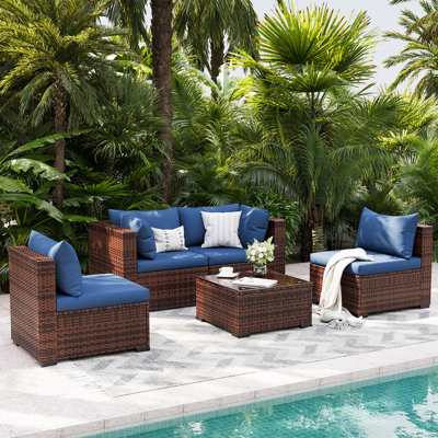 Modular Brown PE Rattan Outdoor Conversation Sets, 5 Piece Patio Furniture Set with Steel Frame, Sectional Outdoor Patio Sofa with Coffee Table for Backyard Balcony Deck