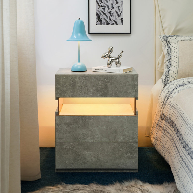 Commode 3 tiroirs pour tables de chevet à DEL avec tables en acrylique et tables de chevet à DEL (gris)