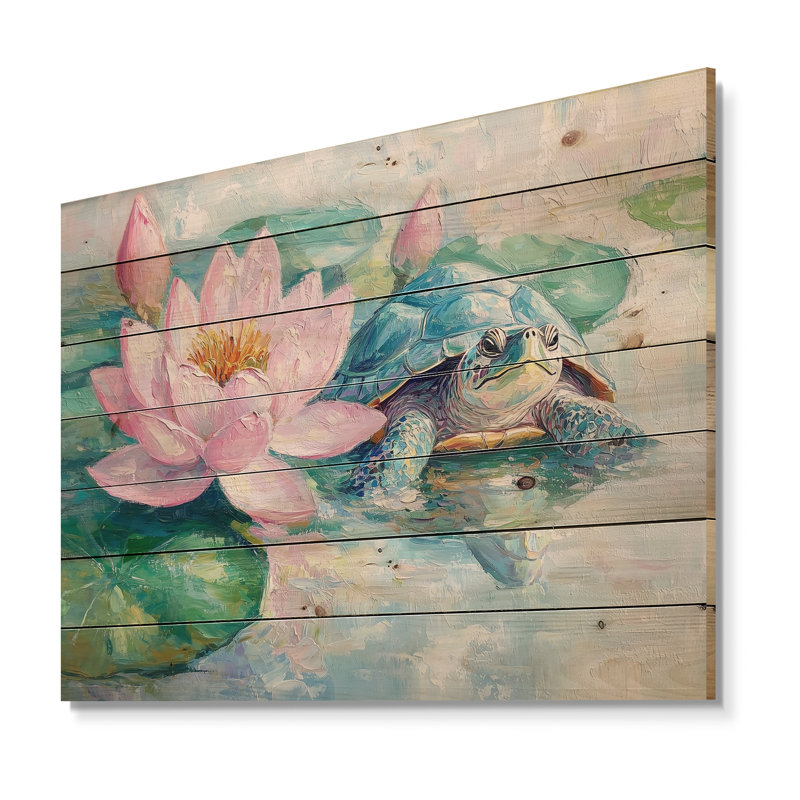 Tortue dans le nénuphar III - impression moderne en bois rose sur bois de pin naturel, H 34 po x l 44 po