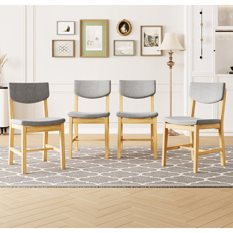 Chaise de salle à manger rustique 4 pièces - Structure en bois massif avec coussin en tissu gris, chaise d'appoint rembourrée pour la cuisine, la salle à manger, le salon, naturel