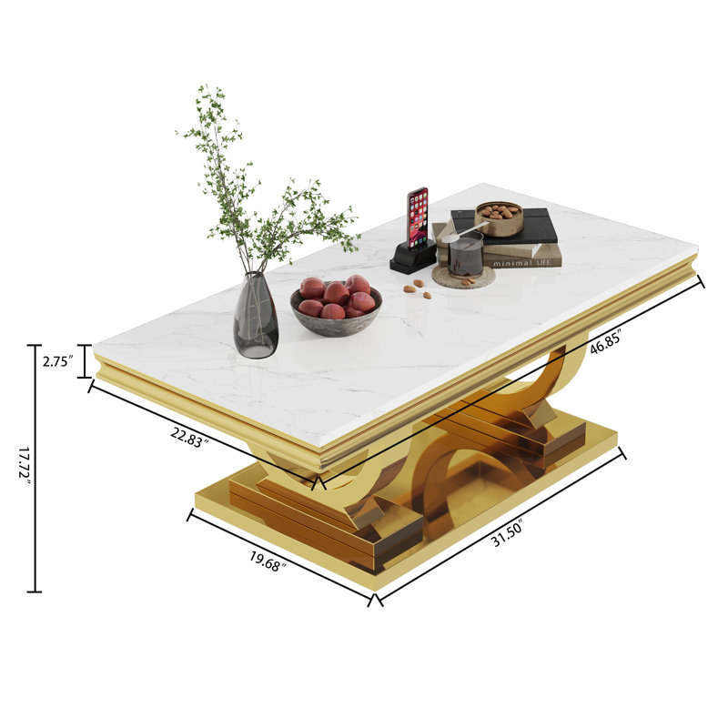 Skailar Pedestal Coffee Table,Faux Marble Top Metal Base, Gold, White