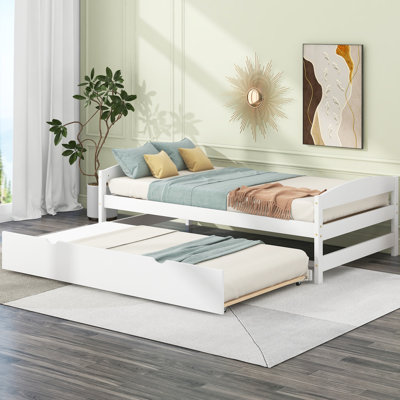 Twin Size Platform Bed With Trundle In White - Bedroom Pull-Out Solid Wood