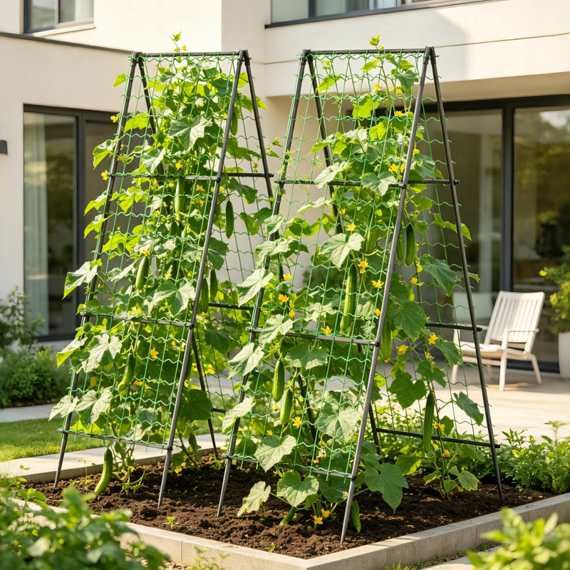 Pack of 2 Metal Garden Trellis A-Frame Cucumber Trellis with Nylon Net for Climbing Plants Support Outdoor