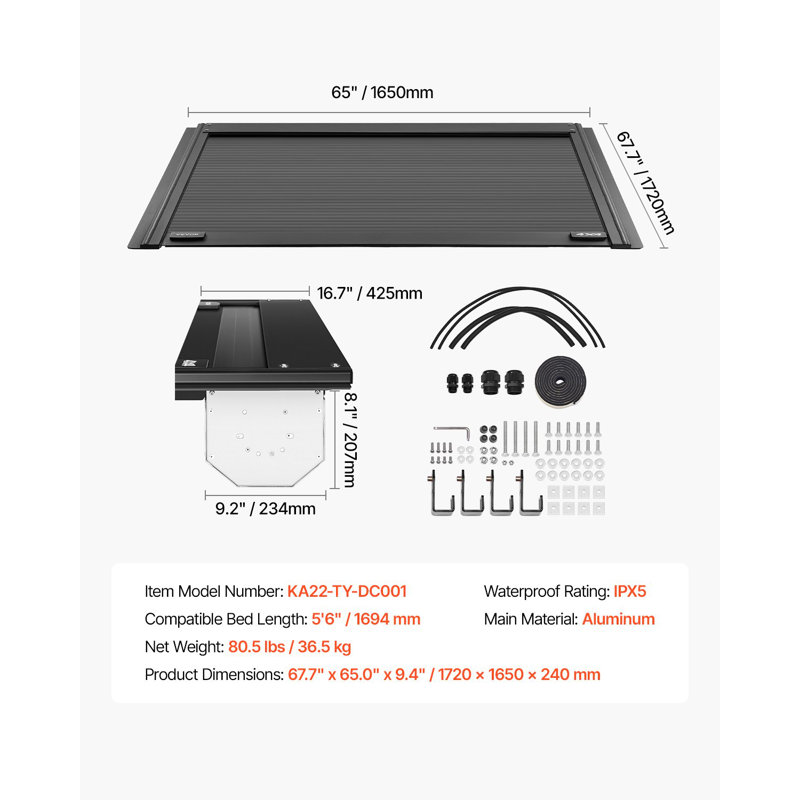 Retractable Tonneau Cover, 5.5 Ft Hard Tonneau Cover With Built-In Drainage Pipe For 2022 - 2024 Toyota Tundra Crew Cab W/ Deck Rail System , Hard Tonneau Cover With Double-Lock And T-Slot
