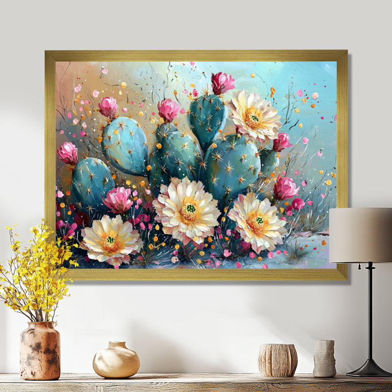 Cactus jaune et vert - Cactus, art mural, Cadre simple, H 12 po x l 20 po, Doré