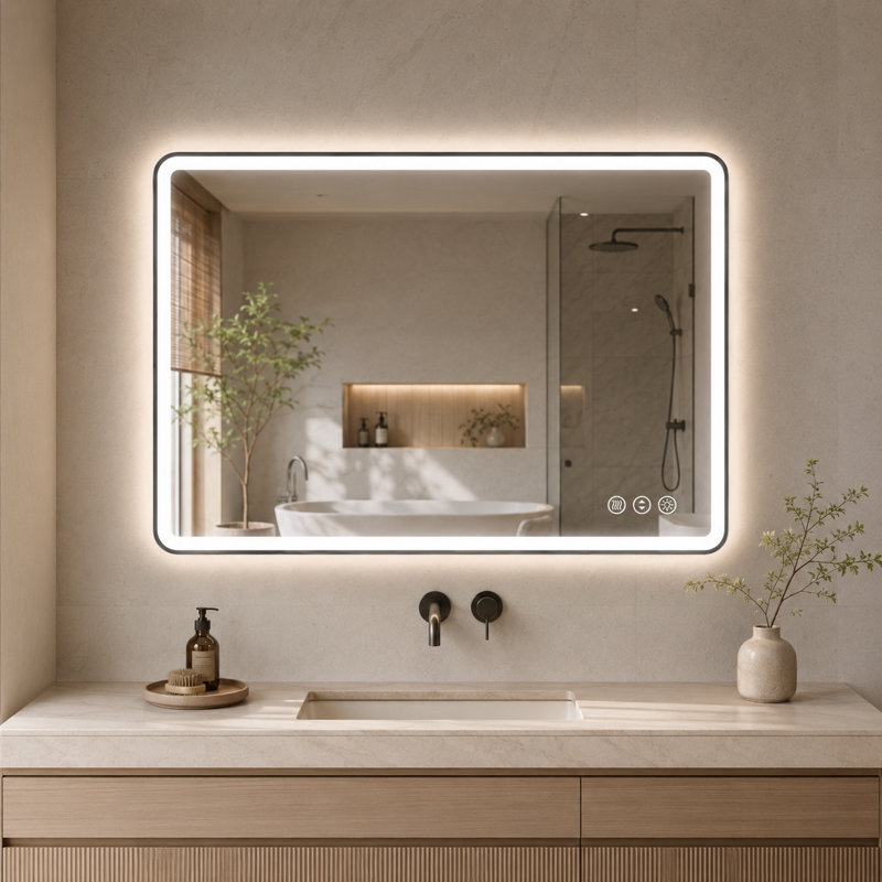 Miroir de salle de bain moderne avec cadre et lumière noire, 48" x 36"