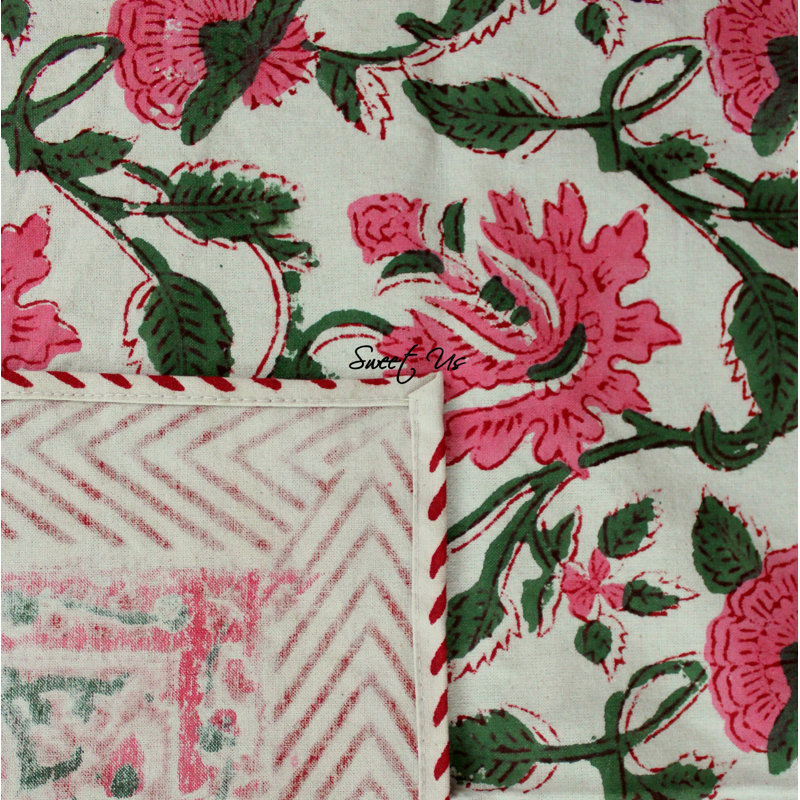 Block Print Cotton Floral Tablecloth White Red, 60" x 60"