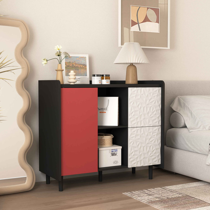 Buffet Buffet, armoire de rangement noire avec portes rouges, 2 tiroirs avec panneau unique et 2 compartiments de rangement ouverts, armoire de bar moderne pour la cuisine, la salle à manger,