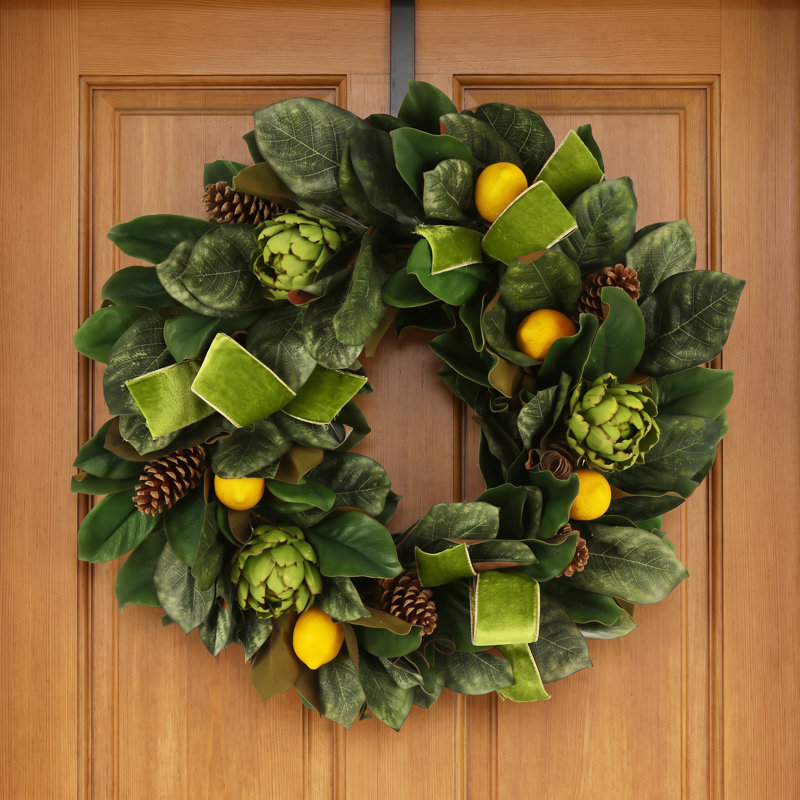 Harin 26" Magnolia Leaf Wreath with Artichokes, Lemons and Pinecones