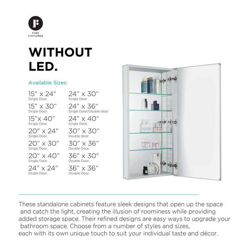 Armoire à pharmacie en aluminium sans cadre encastrée ou à fixation en surface avec charnières à fermeture douce 165 ° et tablettes en verre réglables
