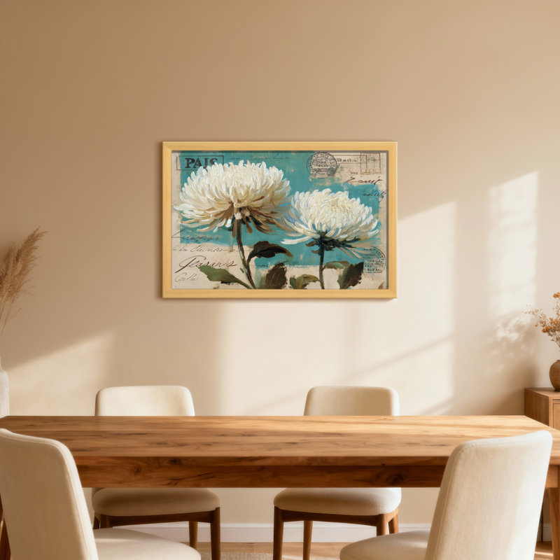 Plantes et fleurs de chrysanthèmes blancs sur fond de carte postale rétro, H 24 po x l 36 po, Toile tendue, Ne s’applique pas