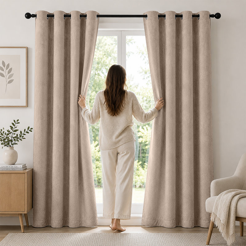 Thermal Velvet Curtains with Eyelet Ring Top - Blackout Crushed Velvet Drapes Pair, Beige, 168cm Width x 228cm Drop