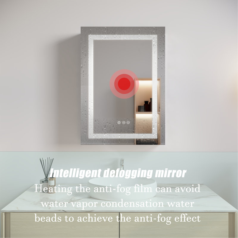 Armoire de toilette avec miroir DEL 26x20 - Construction étanche antibuée 3000k~6000k Modifications de la source Système de manipulation tactile Intensité variable Porte simple Options de montage à gauche Pour choisir entre l'effet buée,