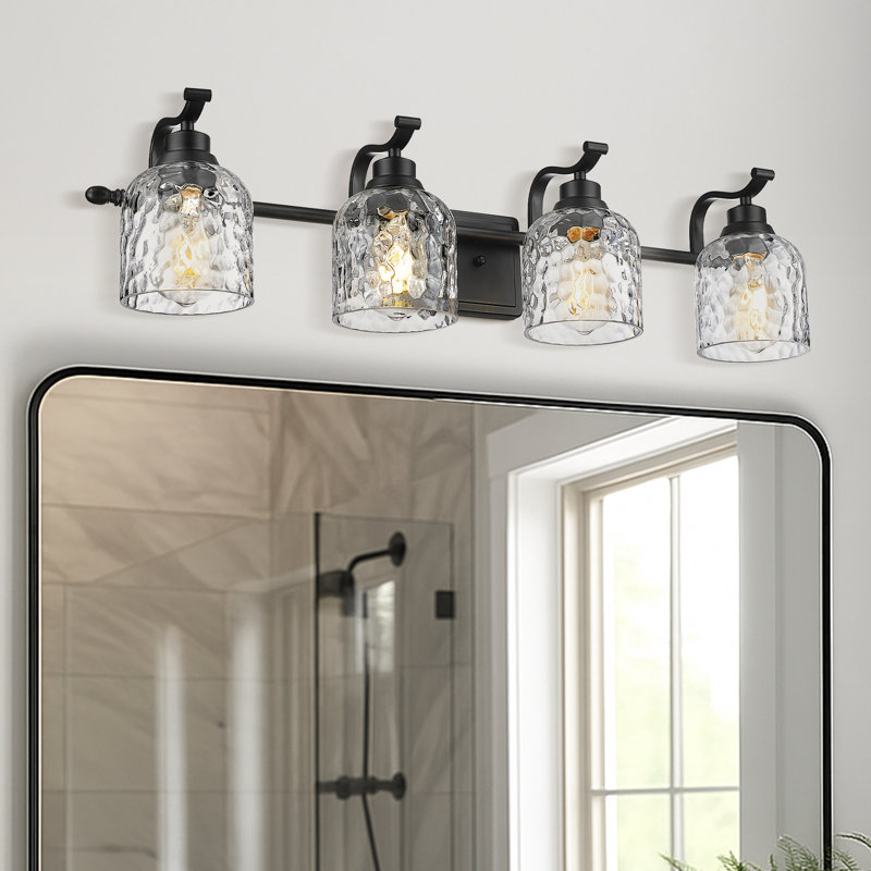 4 - Light Farmhouse Vanity Light Hammered Glass Dome Shade, Black, 8.07" H x 31.89" W x 8.47" D, Matte Black, 4 Lights