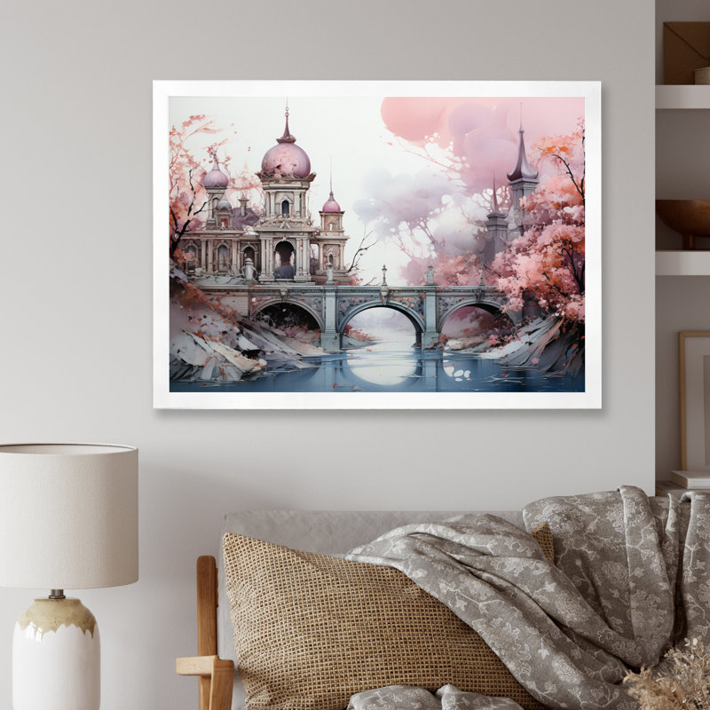 «Pink Bridge Enchanted Crossing I», reproduction sur toile, H 30 po x l 40 po x P 1,5 po, Cadre photo blanc
