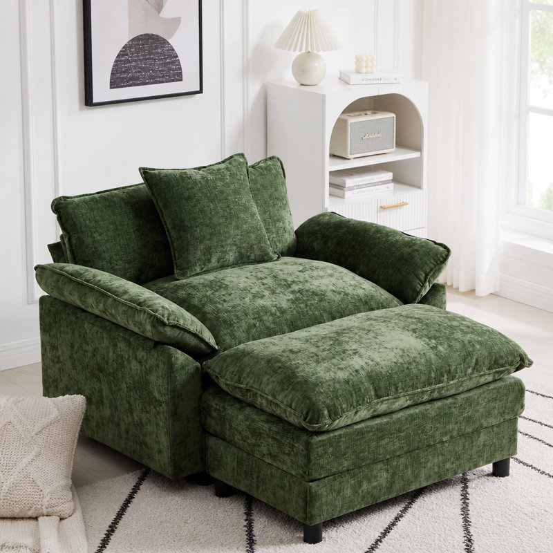 Chaise d'appoint moderne avec revêtement en chenille moelleuse et structure en bois massif, Tissu vert