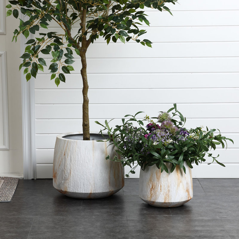 15.8'' D 2-Piece Round Planter Set, White Brown Faux Marble Indoor Outdoor Flower Pots with Drainage Hole, Gray
