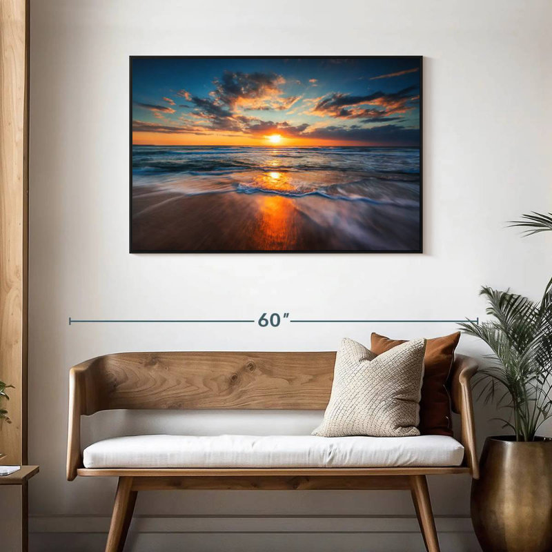 Été, océan, lever de soleil, Cadre flottant noir, 43 po x 29 po