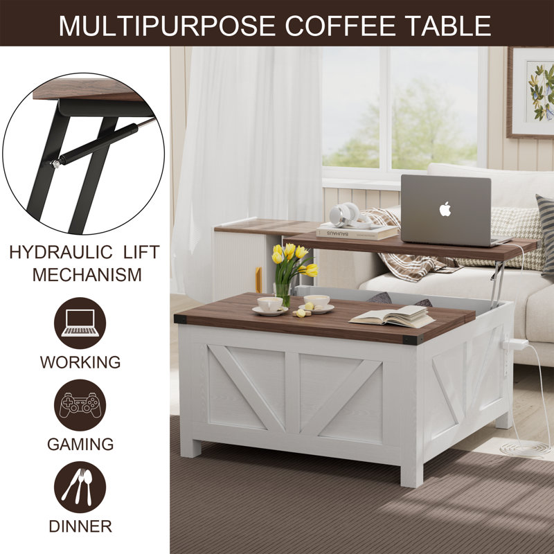 35'' W Coffee Tables with Hidden Storage, Lift Top Coffee Table with Charging Station For Living Room, Brown