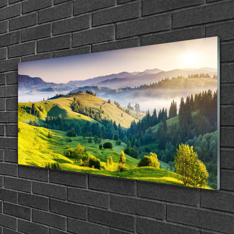 Nature Mountain Field Fog - No Frame Print on Glass