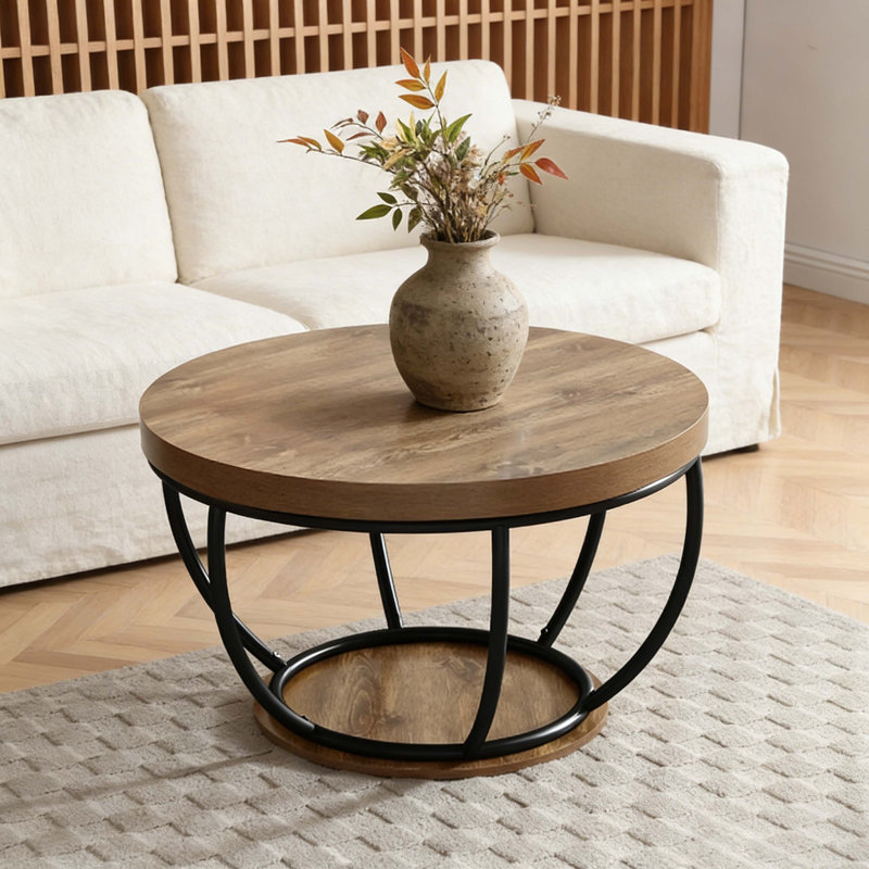 Round Rustic Wood Coffee Table With Black Geometric Metal Frame & Lower Shelf - Industrial Modern Accent Table, Wood/Black