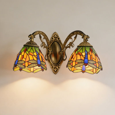 2 - Light Tiffany-Style Wall Sconce Dragonfly Stained Glass Vanity Light