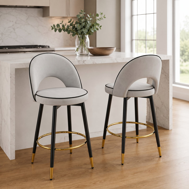 AriaHome 25" Upholstered Swivel Counter Stool with Low Back and Metal Footrest (Set of 2), Grey, 2