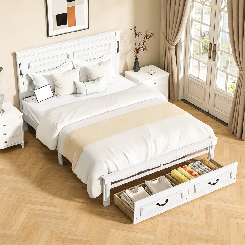 Grand lit avec tête et pied de lit, lit plateforme avec tiroirs de rangement, White