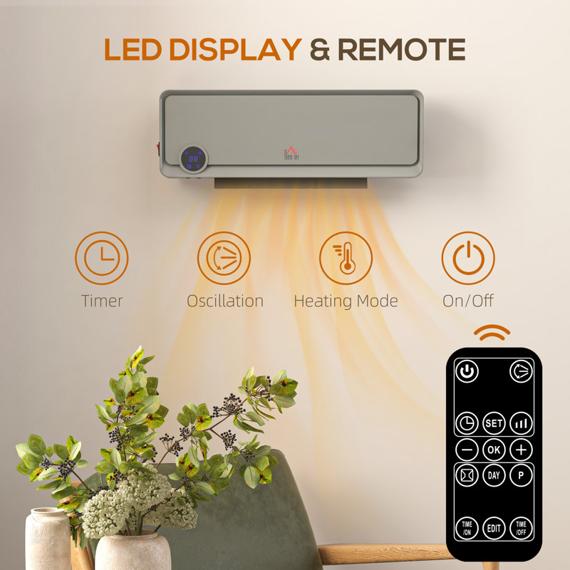 HOMCOM 2000 Watt 6824 BTU Electric Wall Mounted Space Heater and with Digital Display, Grey