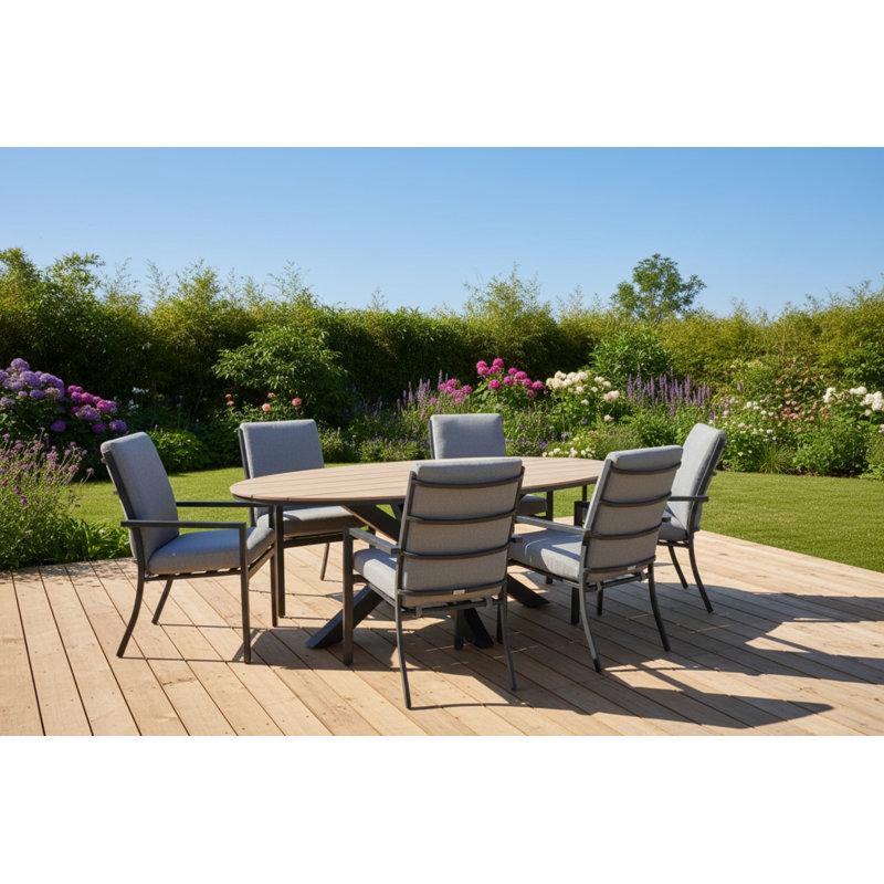 Camelopardalis Oval 7 Piece 6 Person 220cm L Outdoor Table Set with Cibecue Dining Chairs - Cushions, Grey