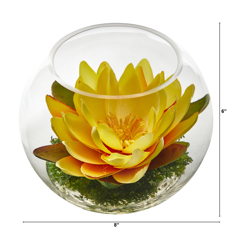 Yellow Lotus Artificial Arrangement in Glass Vase with Faux Moss