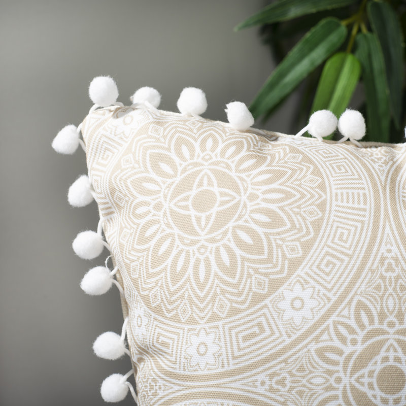Beige and Gray Floral Medallion Pom Pom Pillow