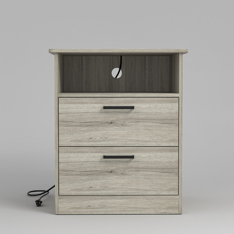 2 Drawers Nightstand With Charging Station, Gray