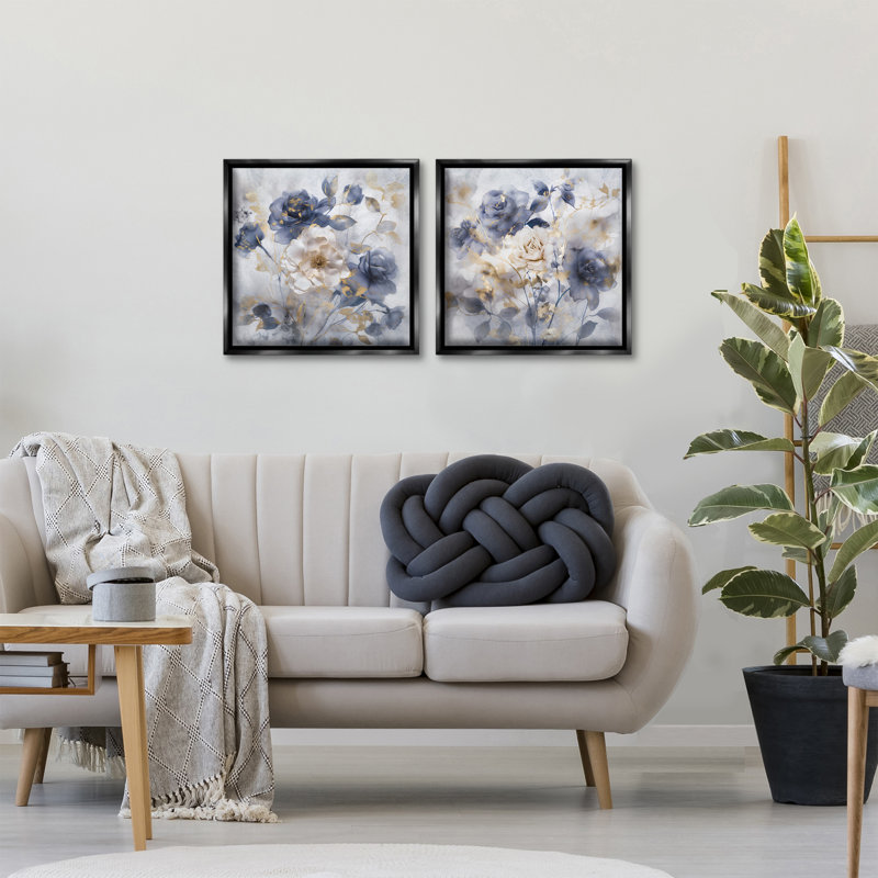 Ensemble de 2 toiles flottantes encadrées bleues et dorées, design par Irene Weisz, H 18 po x l 18 po
