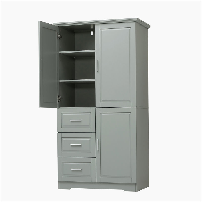 Storage Cabinet With Doors And Three Drawers For Bathroom, Gray