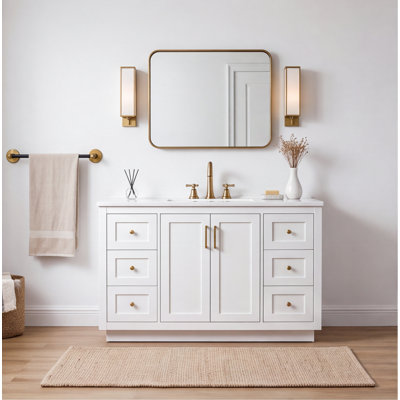 48" Bathroom Vanity with Sink Top, Freestanding MDF Cabinet, 6 Drawers, 2 Soft-Close Doors, Gold Handles, White