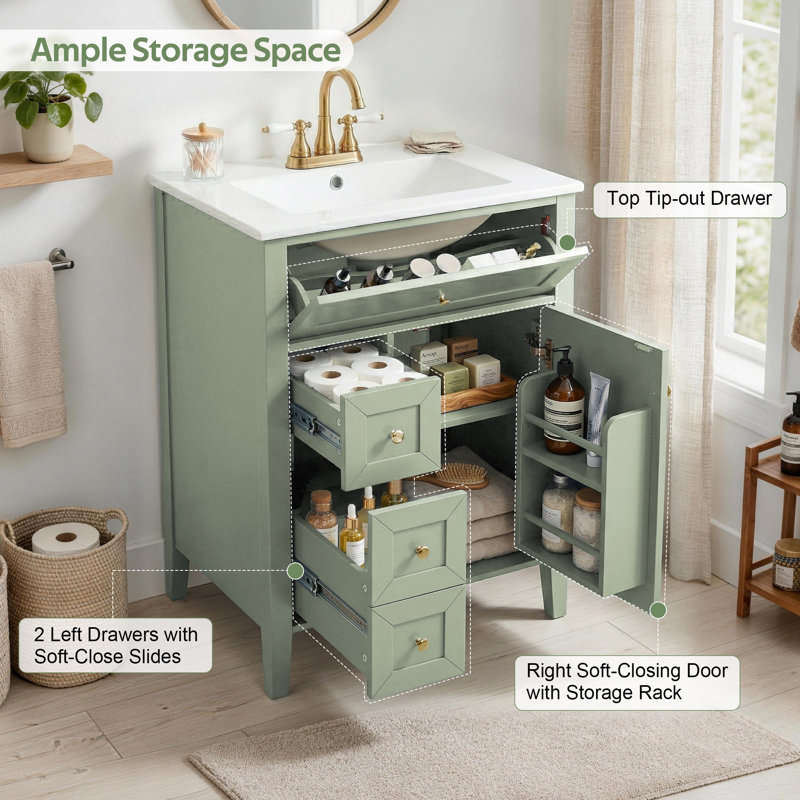 24" Modern Freestanding Single Bathroom Vanity with Ceramic Sink, 3 Soft-Close Drawers, Storage Rack, Solid Wood Legs, One Package