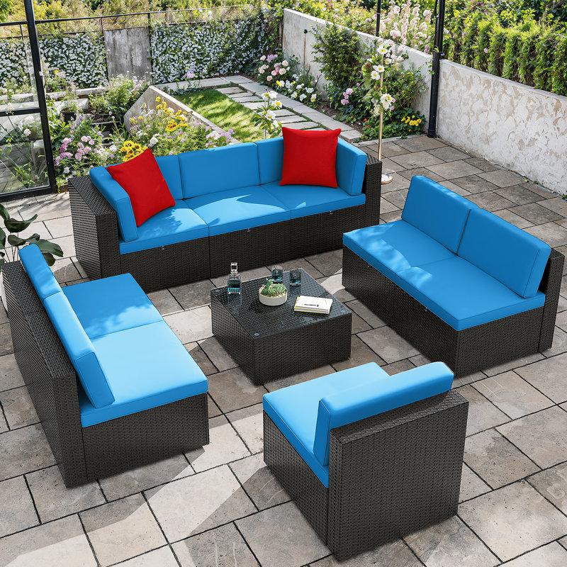 Canapé modulaire d'extérieur pour 8 personnes en rotin, Bleu