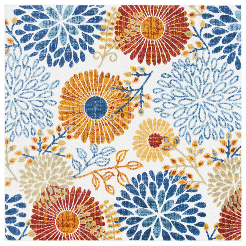 Kellems Performance Floral Indoor/Outdoor Area Rug, Square 6'7", Blue/Orange/Cream