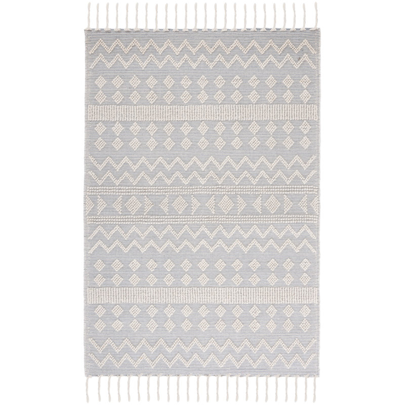 Tapis en laine / coton tissé à la main Sucher en ivoire / bleu clair, Rectangle 4 pi x 6 pi