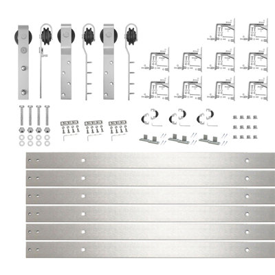 Brushed Nickel Triple Track Bypass Sliding Barn Door Hardware Kit (for Door Thickness 1-1/4in ~ 1-3/8in), Three 12ft Long Flat Tracks, for Three Interior Doors (Doors not Included）