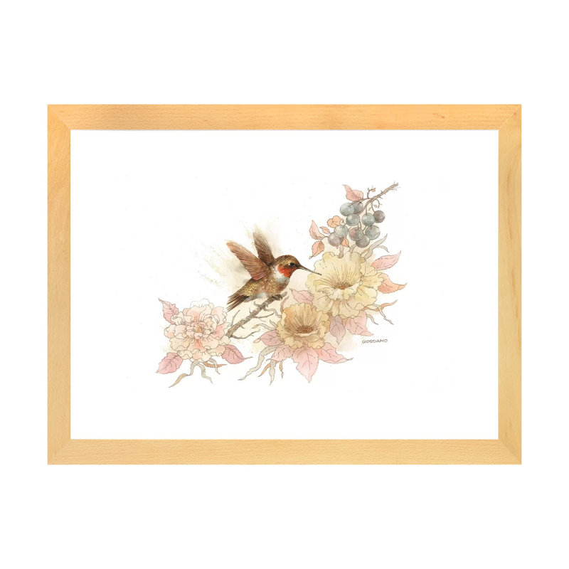 Colibri vignette - impression d'art graphique, Papier avec cadre beige, Blanc, H 24 po x l 32 po x P 1 po