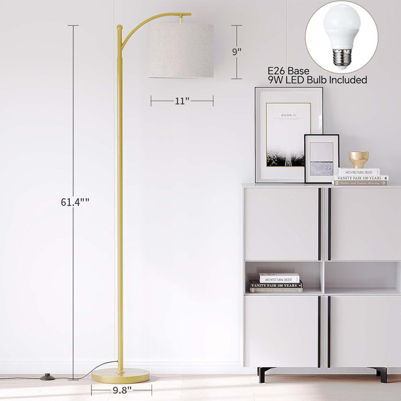 Lampe sur pied à arc moderne avec abat-jour réglable et ampoule à DEL 3 couleurs - doré
